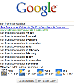 Google weather search autocomplete